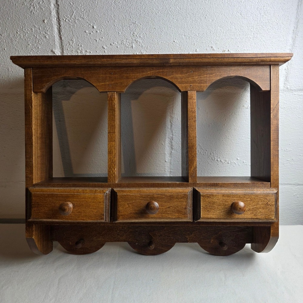 Vintage Wooden Wall Apothecary Shelf 3 Drawer 3 Cubby Peg Hook Farmhouse Brown